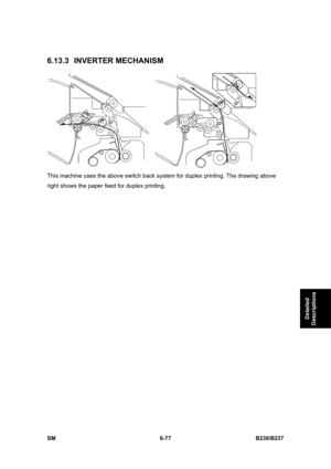 Page 875 
SM 6-77 B230/B237 
Detailed 
Descriptions 
6.13.3 INVERTER MECHANISM 
 
This machine uses the above switch back system for duplex printing. The drawing above 
right shows the paper feed for duplex printing.  