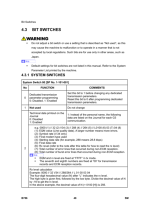 Page 998Bit Switches 
B786 48  SM 
4.3 BIT SWITCHES 
 
ƒ  Do not adjust a bit switch or use a setting that is described as “Not used”, as this 
may cause the machine to malfunction or to operate in a manner that is not 
accepted by local regulations. Such bits are for use only in other areas, such as 
Japan. 
 
ƒ  Default settings for bit switches are not listed in this manual. Refer to the System 
Parameter List printed by the machine. 
4.3.1 SYSTEM SWITCHES 
System Switch 00 [SP No. 1-101-001] 
No FUNCTION...