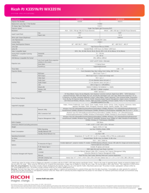 Page 4SYSTEM SPECIFICATIONS
Ricoh PJ X3351N/PJ WX3351N
1 Overall mean values for product at time of shipping are indicated in accordance with the JIS X6911-2003 data projector specification format. 2 Preset to this range of supported signals. Signals not present by display even if 
they are within this range. 3   When using the USB terminal for computer-free presentations, images may not display for certain file size or type. File \
must be jpeg or select video format. 4  Not supported on 64-bit version.
open...