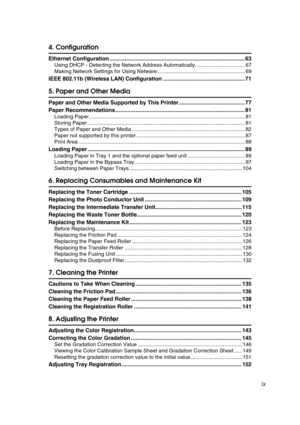 Page 11ix
4. Configuration
Ethernet Configuration ........................................................................................ 63
Using DHCP - Detecting the Network Address Automatically.................................. 67
Making Network Settings for Using Netware............................................................ 69
IEEE 802.11b (Wireless LAN) Configuration ..................................................... 71
5. Paper and Other Media
Paper and Other Media Supported by This...