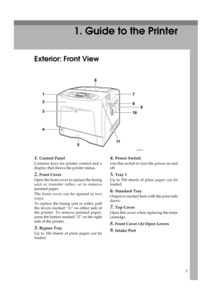 Page 131
1. Guide to the Printer
Exterior: Front View
1.Control Panel
Contains keys for printer control and a
display that shows the printer status.
2.Front Cover
Open the front cover to replace the fusing
unit or transfer roller, or to remove
jammed paper.
The front cover can be opened in two
ways:
To replace the fusing unit or roller, pull
the levers marked “A” on either side of
the printer. To remove jammed paper,
press the button marked “Z” on the right
side of the printer.
3.Bypass Tray
Up to 100 sheets of...