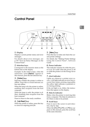 Page 17Control Panel
5
1 Control Panel
1.Display
Displays current printer status and error
messages.
For details about error messages, see
p.155 “Error & Status Messages on the
Control Panel”.
2.Selection keys
Correspond to the function items at the
bottom line on the display. 
Example: In the initial screen, when the
instruction “press [Option]” appears in
this manual, press the left selection key.
3. {Online} key
Indicates whether the printer is online or
offline. Press this to switch between on-
line and...