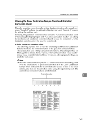 Page 161Correcting the Color Gradation
149
8
Viewing the Color Calibration Sample Sheet and Gradation 
Correction Sheet
The color gradation correction value setting sheet contains two color sample col-
umns “Sample 1” column for setting the highlight part, and “Sample 2” column
for setting the medium part.
Similarly, the gradation correction sheet contains: “Gradation correction sheet
1” for setting the highlight part and “Gradation correction sheet 2” for setting
the medium part. Gradation correction sheet 1 is...