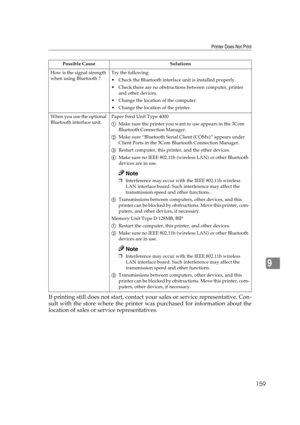 Page 171Printer Does Not Print
159
9
If printing still does not start, contact your sales or service representative. Con-
sult with the store where the printer was purchased for information about the
location of sales or service representatives.
How is the signal strength 
when using Bluetooth ?Try the following:
 Check the Bluetooth interface unit is installed properly.
 Check there are no obstructions between computer, printer 
and other devices.
 Change the location of the computer.
 Change the location...