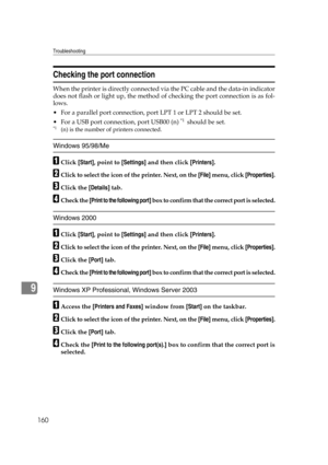 Page 172Troubleshooting
160
9
Checking the port connection
When the printer is directly connected via the PC cable and the data-in indicator
does not flash or light up, the method of checking the port connection is as fol-
lows.
 For a parallel port connection, port LPT 1 or LPT 2 should be set.
 For a USB port connection, port USB00 (n) 
*1  should be set.*1(n) is the number of printers connected.
Windows 95/98/Me
AClick [Start], point to [Settings] and then click [Printers].
BClick to select the icon of the...