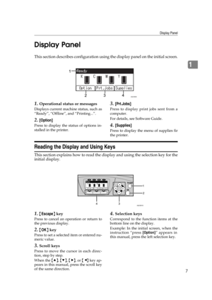 Page 19Display Panel
7
1 Display Panel
This section describes configuration using the display panel on the initial screen.
1.Operational status or messages
Displays current machine status, such as
“Ready”, “Offline”, and “Printing...”.
2.[Option]
Press to display the status of options in-
stalled in the printer.
3.[Prt.Jobs]
Press to display print jobs sent from a
computer. 
For details, see Software Guide.
4.[Supplies]
Press to display the menu of supplies fir
the printer.
Reading the Display and Using Keys...