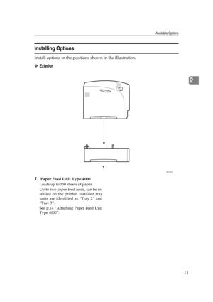 Page 23Available Options
11
2
Installing Options
Install options in the positions shown in the illustration.
❖Exterior
1. Paper Feed Unit Type 4000 
Loads up to 550 sheets of paper. 
Up to two paper feed units, can be in-
stalled on the printer. Installed tray
units are identified as “Tray 2” and
“Tray 3”.
See p.14 “Attaching Paper Feed Unit
Type 4000”.
AET061S 