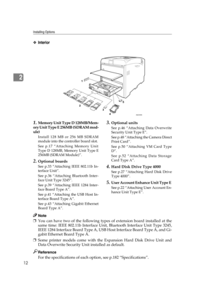 Page 24Installing Options
12
2
❖Interior
1.Memory Unit Type D 128MB/Mem-
ory Unit Type E 256MB (SDRAM mod-
ule)
Install 128 MB or 256 MB SDRAM
module into the controller board slot.
See p.17 “Attaching Memory Unit
Type D 128MB, Memory Unit Type E
256MB (SDRAM Module)”.
2.Optional boards
See p.33 “Attaching IEEE 802.11b In-
terface Unit”.
See p.36 “Attaching Bluetooth Inter-
face Unit Type 3245”.
See p.39 “Attaching IEEE 1284 Inter-
face Board Type A”.
See p.41 “Attaching the USB Host In-
terface Board Type A”....