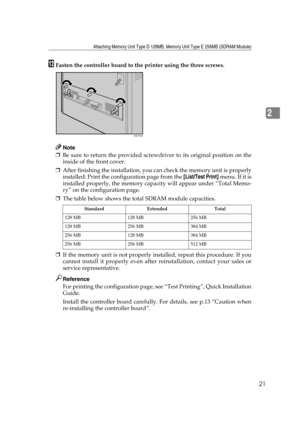 Page 33Attaching Memory Unit Type D 128MB, Memory Unit Type E 256MB (SDRAM Module)
21
2
LFasten the controller board to the printer using the three screws.
Note
❒Be sure to return the provided screwdriver to its original position on the
inside of the front cover.
❒After finishing the installation, you can check the memory unit is properly
installed: Print the configuration page from the [List/Test Print] menu. If it is
installed properly, the memory capacity will appear under “Total Memo-
ry” on the...