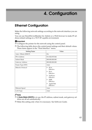 Page 7563
4. Configuration
Ethernet Configuration
Make the following network settings according to the network interface you are
using.
You can use SmartDeviceMonitor for Admin or a Web browser to make IP ad-
dress-related settings in a TCP/IP-capable environment.
Important
❒Configure the printer for the network using the control panel.
❒The following table shows the control panel settings and their default values.
These items appear in the “Host Interface” menu.
Note
❒If [Auto-Obtain (DHCP)] is in use, the IP...