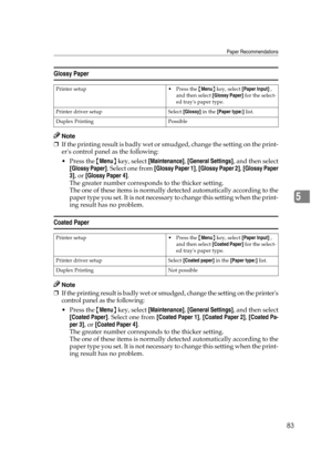 Page 95Paper Recommendations
83
5
Glossy Paper
Note
❒If the printing result is badly wet or smudged, change the setting on the print-
ers control panel as the following:
Press the {Menu} key, select [Maintenance], [General Settings], and then select
[Glossy Paper]. Select one from [Glossy Paper 1], [Glossy Paper 2], [Glossy Paper
3], or [Glossy Paper 4].
The greater number corresponds to the thicker setting.
The one of these items is normally detected automatically according to the
paper type you set. It is...