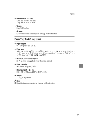 Page 63Options
57
7
❖Dimension (W × D × H)
Unit: 222 × 478 × 104 mm
Tray: 335 × 390 × 26 mm
❖Weight:
2 kg (4 lb) or less
Note
❒Specifications are subject to change without notice.
Paper Tray Unit (1-tray type)
❖Paper weight:
60 – 105 g/m2 (16 – 28 lb.)
❖Paper size:
A3L, B4 JISL, A4KL, B5 JISKL, A5L, 11 × 17L, 81/2 × 14L, 81/2 ×
13L, 81/2 × 11KL, 81/4 × 13L, 8 × 13L, 71/4 × 101/2KL, 81/4 ×
14L, 51/2 × 81/2 L, 8KL, 16KKL
❖Maximum power consumption:
23 W (power is supplied from the main frame)
❖Paper capacity:
500...