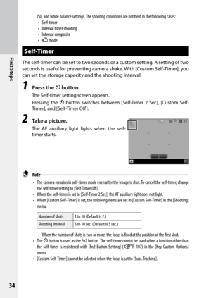 Page 3634
First Steps
ISO, and white balance settings. The shooting conditions are not held in the following cases:•	 Self-timer
•	 Interval	timer	shooting
•	 Interval	composite
•	 3 mode
Self-Timer
The self-timer can be set to two seconds or a custom setting. A setting of two 
seconds is useful for preventing camera shake. With [Custom Self-Timer], you 
can set the storage capacity and the shooting interval.
1 Press the t button.
The Self-timer setting screen appears.
Pressing the t  button switches between...