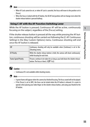 Page 571
Various Shooting Functions
55
 Note  ------------------------------------------------------------------------\
-----------------------------------
•	 When	 AF	Lock	 cannot	 be	set,	 or	when	 AF	Lock	 is	canceled,	 the	focus	 will	move	 to	the	 position	 set	in	
[Focus].
•	 When the focus is locked with the AF button, the AE/AF lock position will not change even when the 
shutter release button is pressed halfway.
Using C-AF with the AF Function Switching Lever
While the AF button is pressed, Continuous...