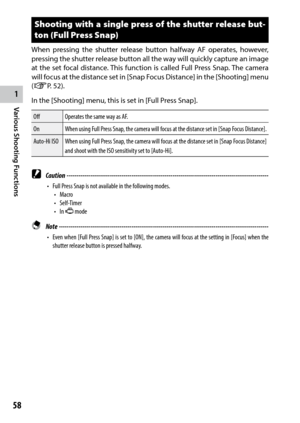 Page 601
Various Shooting Functions
58
Shooting with a single press of the shutter release but-
ton (Full Press Snap)
When pressing the shutter release button halfway AF operates, however, 
pressing the shutter release button all the way will quickly capture an image 
at the set focal distance. This function is called Full Press Snap. The camera 
will focus at the distance set in [Snap Focus Distance] in the [Shooting] menu 
(GP. 52).
In the [Shooting] menu, this is set in [Full Press Snap].
OffOperates the...