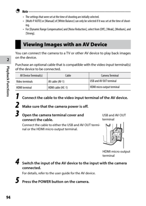 Page 962
Playback Functions
94
 Note ------------------------------------------------------------------------\
-----------------------------------
•	 The	settings	that	were	set	at	the	time	of	shooting	are	initially	selected.
•	 [Multi-P	AUTO]	or	 [Manual]	of	[White	Balance]	can	only	be	 selected	if	it	was	set	at	the	time	of	 shoot-
ing.
•	 For	 [Dynamic	 Range	Compensation]	 and	[Noise	 Reduction],	 select	from	[Off ],	 [Weak],	 [Medium],	 and	
[Strong].
Viewing Images with an AV Device
You	 can	connect	 the...