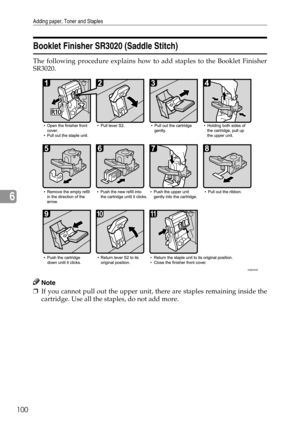 Page 108Adding paper, Toner and Staples
100
6
Booklet Finisher SR3020 (Saddle Stitch)
The following procedure explains how to add staples to the Booklet Finisher
SR3020.
Note
❒If you cannot pull out the upper unit, there are staples remaining inside the
cartridge. Use all the staples, do not add more.
AQE004S 