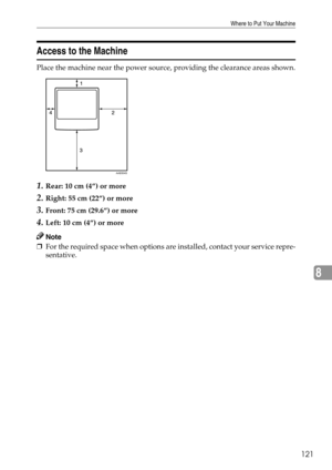 Page 129Where to Put Your Machine
121
8
Access to the Machine
Place the machine near the power source, providing the clearance areas shown.
1.Rear: 10 cm (4”) or more
2.Right: 55 cm (22”) or more
3.Front: 75 cm (29.6”) or more
4.Left: 10 cm (4”) or more
Note
❒For the required space when options are installed, contact your service repre-
sentative.
AAE004S 