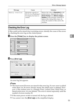 Page 61When a Message Appears
53
4
Checking the Error Log
If files could not be stored due to printing errors, identify the cause of the errors
by checking the error log on the control panel.
APress the {Printer} key to display the printer screen.
BPress [Error Log].
An error log list appears.
Note
❒The most recent 30 errors are stored in the error log. If a new error is added
when there are 30 errors already stored, the oldest error is deleted. How-
ever, if the earliest error is a Sample Print, Locked Print,...