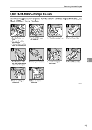 Page 101Removing Jammed Staples
95
6
3,000 Sheet-100 Sheet Staple Finisher
The following procedure explains how to remove jammed staples from the 3,000
Sheet-100 Sheet Staple Finisher.
ANS047S 