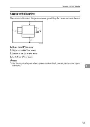 Page 111Where to Put Your Machine
105
7
Access to the Machine
Place the machine near the power source, providing the clearance areas shown.
1.Rear: 5 cm (2”) or more
2.Right: 4 cm (1.6”) or more
3.Front: 70 cm (27.5”) or more
4.Left: 5 cm (2”) or more
Note
❒For the required space when options are installed, contact your service repre-
sentative.
ZGVY510E 