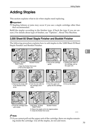 Page 85Adding Staples
79
5 Adding Staples
This section explains what to do when staples need replacing.
Important
❒Stapling failures or jams may occur if you use a staple cartridge other than
that recommended.
Refill the stapler according to the finisher type. (Check the type if you are un-
sure.) For details about type of finisher, see “Options”, About This Machine.
3,000 Sheet-50 Sheet Staple Finisher and Booklet Finisher
The following procedure explains how to add staples to the 3,000 Sheet-50 Sheet
Staple...