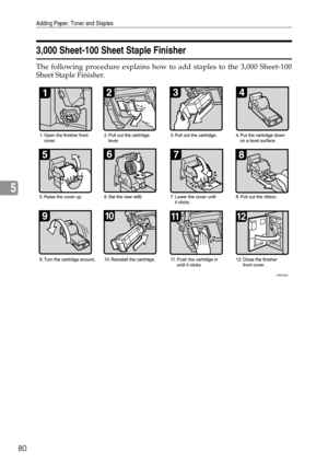 Page 86Adding Paper, Toner and Staples
80
5
3,000 Sheet-100 Sheet Staple Finisher
The following procedure explains how to add staples to the 3,000 Sheet-100
Sheet Staple Finisher.
ANS048S 