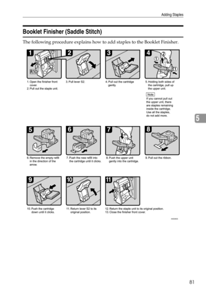 Page 87Adding Staples
81
5
Booklet Finisher (Saddle Stitch)
The following procedure explains how to add staples to the Booklet Finisher.
ANS060S 