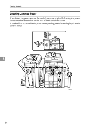 Page 90Clearing Misfeeds
84
6
Locating Jammed Paper
If a misfeed happens, remove the misfed paper or original following the proce-
dures stated on the sticker on the rear of main unit front cover.
A misfeed has occurred in the place corresponding to the letter displayed on the
control panel.
ANS101S 