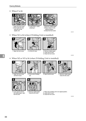 Page 94Clearing Misfeeds
88
6
 When F is lit
 When N1 is lit (when Z-Folding Unit is installed)
 When N2 or N3 is lit (when Z-Folding Unit is installed)
ANS007S
ANS008S
ANS009S 