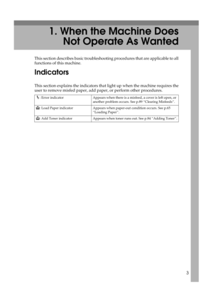 Page 93
1. When the Machine Does
Not Operate As Wanted
This section describes basic troubleshooting procedures that are applicable to all
functions of this machine.
Indicators
This section explains the indicators that light up when the machine requires the
user to remove misfed paper, add paper, or perform other procedures.
h: Error indicator Appears when there is a misfeed, a cover is left open, or 
another problem occurs. See p.89 “Clearing Misfeeds”.
B: Load Paper indicator Appears when paper-out condition...