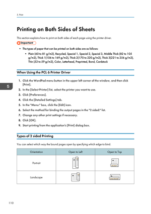 Page 112Printing on Both Sides of SheetsThis section explains how to print on both sides of each page using the printer driver.
• The types of paper that can be printed on both sides are as follows: • Plain (60 to 81 g/m2), Recycled, Special 1, Special 2, Special 3, Middle Thick (82 to 105g/m2), Thick 1(106 to 169 g/m2), Thick 2(170 to 220 g/m2), Thick 3(221 to 256 g/m2),
Thin (52 to 59 g/m2), Color, Letterhead, Preprinted, Bond, Cardstock
When Using the PCL 6 Printer Driver
1. Click the WordPad menu button in...