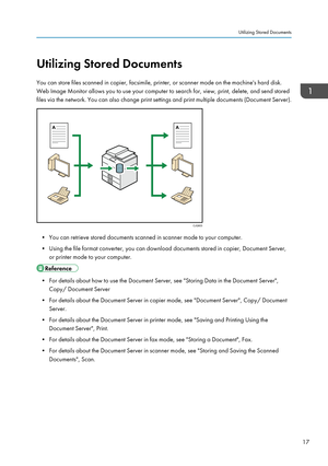 Page 19Utilizing Stored Documents
You can store files scanned in copier, facsimile, printer, or scanner mode on the machine's hard disk.
Web Image Monitor allows you to use your computer to search for, view, print, delete, and send stored files via the network. You can also change print settings and print multiple documents (Document Server).
• You can retrieve stored documents scanned in scanner mode to your computer.
• Using the file format converter, you can download documents stored in copier, Document...