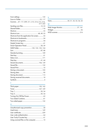 Page 237Scan settings........................................................135
Scan to Folder............................................... 23, 117
Scanner.... 47, 117, 209, 211, 213, 214, 215, 216,
217, 222
Sending scan files........................................... 10, 23
Shared folder....................................................... 118
Shortcut.................................................................. 53
Shortcut icon............................................. 48, 49, 53
Shortcuts from...