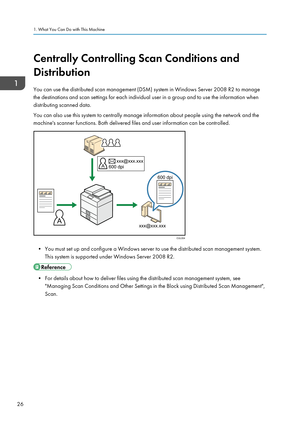 Page 28Centrally Controlling Scan Conditions and
Distribution
You can use the distributed scan management (DSM) system in Windows Server 2008 R2 to manage
the destinations and scan settings for each individual user in a group and to use the information when
distributing scanned data.
You can also use this system to centrally manage information about people using the network and the
machine's scanner functions. Both delivered files and user information can be controlled.
• You must set up and configure a...