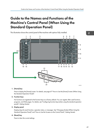 Page 43Guide to the Names and Functions of the
Machine's Control Panel (When Using the
Standard Operation Panel)
This illustration shows the control panel of the machine with options fully installed.
1. [Home] key Press to display the [Home] screen. For details, see page 47 "How to Use the [Home] Screen (When Usingthe Standard Operation Panel)".
2. Function keys No functions are registered to the function keys as a factory default. You can register often used functions,
programs, and Web pages. For...