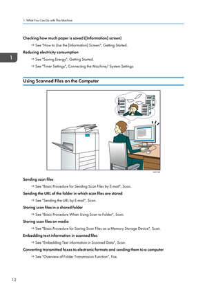 Page 14Checking how much paper is saved ([Information] screen)
 See "How to Use the [Information] Screen", Getting Started.
Reducing electricity consumption
 See "Saving Energy", Getting Started.
 See "Timer Settings", Connecting the Machine/ System Settings.
Using Scanned Files on the Computer
Sending scan files
 See "Basic Procedure for Sending Scan Files by E-mail", Scan.
Sending the URL of the folder in which scan files are stored
 See "Sending the URL by E-mail",...