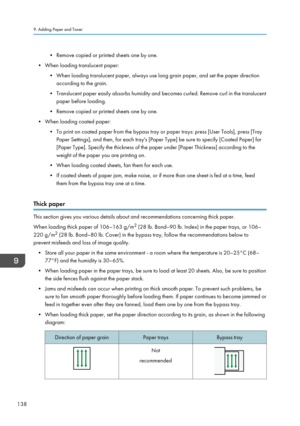 Page 140• Remove copied or printed sheets one by one.
• When loading translucent paper: • When loading translucent paper, always use long grain paper, and set the paper directionaccording to the grain.
• Translucent paper easily absorbs humidity and becomes curled. Remove curl in the translucent paper before loading.
• Remove copied or printed sheets one by one.
• When loading coated paper: • To print on coated paper from the bypass tray or paper trays: press [User Tools], press [TrayPaper Settings], and then,...