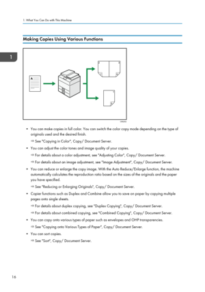 Page 18Making Copies Using Various Functions
• You can make copies in full color. You can switch the color copy mode depending on the type oforiginals used and the desired finish.
 See "Copying in Color", Copy/ Document Server.
• You can adjust the color tones and image quality of your copies.
 For details about a color adjustment, see "Adjusting Color", Copy/ Document Server.
 For details about an image adjustment, see "Image Adjustment", Copy/ Document Server.
• You can reduce or...