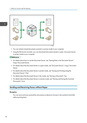 Page 20• You can retrieve stored documents scanned in scanner mode to your computer.
• Using the file format converter, you can download documents stored in copier, Document Server, or printer mode to your computer.
• For details about how to use the Document Server, see "Storing Data in the Document Server", Copy/ Document Server.
• For details about the Document Server in copier mode, see "Document Server", Copy/ Document Server.
• For details about the Document Server in printer mode, see...