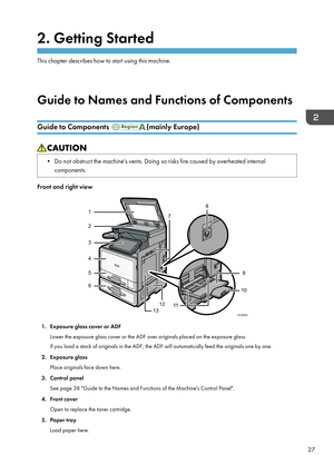 Page 292. Getting Started
This chapter describes how to start using this machine.
Guide to Names and Functions of Components Guide to Components 
(mainly Europe)
• Do not obstruct the machine's vents. Doing so risks fire caused by overheated internal components.
Front and right view
1. Exposure glass cover or ADF
Lower the exposure glass cover or the ADF over originals placed on the exposure glass.If you load a stack of originals in the ADF, the ADF will automatically feed the originals one by one.
2....