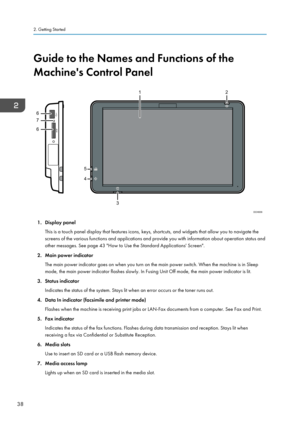 Page 40Guide to the Names and Functions of the
Machine's Control Panel
1. Display panel This is a touch panel display that features icons, keys, shortcuts, and widgets that allow you to navigate thescreens of the various functions and applications and provide you with information about operation status and other messages. See page 43 "How to Use the Standard Applications' Screen".
2. Main power indicator The main power indicator goes on when you turn on the main power switch. When the machine is...
