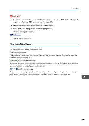 Page 151• If number of communications executed after the toner has run out and not listed in the automaticallyoutput Journal exceeds 200, communication is not possible.
1. Make sure the machine is in facsimile or scanner mode.
2. Press [Exit], and then perform transmission operation.
The error message disappears.
• Any reports are not printed.
Disposing of Used Toner
This section describes what to do with used toner.
Toner cannot be re-used.
Pack used toner containers in the container's box or a bag to...