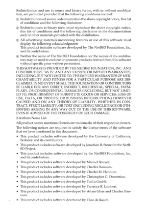 Page 164
Redistribution and use in source and binary forms, with or without modifica-
tion, are permitted provided that the following conditions are met:
ARedistributions of source code must retain the above copyright notice, this list
of conditions and the following disclaimer.
BRedistributions in binary form must reproduce the above copyright notice,
this list of conditions and the following disclaimer in the documentation
and/or other materials provided with the distribution.
CAll advertising materials...