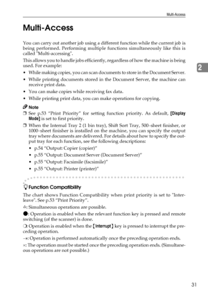 Page 43Multi-Access
31
2 Multi-Access
You can carry out another job using a different function while the current job is
being performed. Performing multiple functions simultaneously like this is
called Multi-accessing.
This allows you to handle jobs efficiently, regardless of how the machine is being
used. For example:

While making copies, you can scan documents to store in the Document Server.
 While printing documents stored in the Document Server, the machine can
receive print data.
 You can make copies...