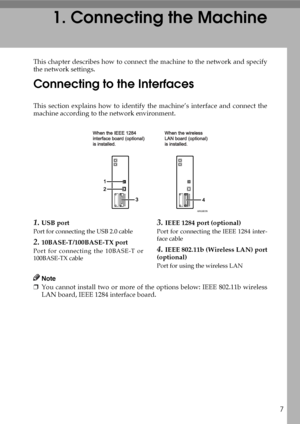 Page 157
1. Connecting the Machine
This chapter describes how to connect the machine to the network and specify
the network settings.
Connecting to the Interfaces
This section explains how to identify the machine’s interface and connect the
machine according to the network environment.
1.USB port
Port for connecting the USB 2.0 cable
2.10BASE-T/100BASE-TX port
Port for connecting the 10BASE-T or
100BASE-TX cable
3.IEEE 1284 port (optional)
Port for connecting the IEEE 1284 inter-
face cable
4.IEEE 802.11b...