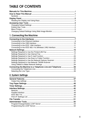 Page 5iii
TABLE OF CONTENTS
Manuals for This Machine ...................................................................................... i
How to Read This Manual ..................................................................................... 1
Symbols ..................................................................................................................... 1
Display Panel.......................................................................................................... 2
Reading the...