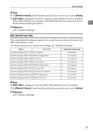 Page 41Network Settings
33
1
Note
❒In [Effective Protocol], check that the protocol you want to use is set to [Active].
❒[LAN Type] is displayed when the wireless LAN interface board is installed.
When both Ethernet and wireless LAN (IEEE 802.11b) are connected, the se-
lected interface takes precedence.
Reference
p.58 “Interface Settings”
IEEE 1394 (IPv4 over 1394)
This section lists the settings required for using Document Server function with
IEEE 1394 interface cable.
For details about how to specify the...