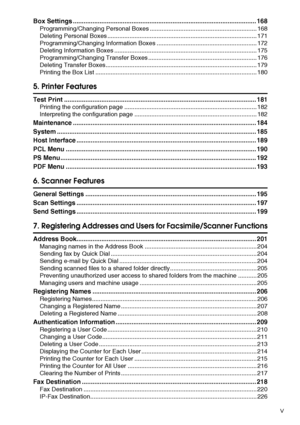 Page 7v
Box Settings ....................................................................................................... 168
Programming/Changing Personal Boxes ............................................................... 168
Deleting Personal Boxes ........................................................................................ 171
Programming/Changing Information Boxes ........................................................... 172
Deleting Information Boxes...