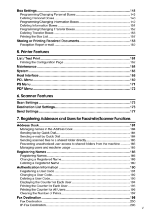 Page 7v
Box Settings ....................................................................................................... 144
Programming/Changing Personal Boxes ............................................................... 145
Deleting Personal Boxes ........................................................................................ 148
Programming/Changing Information Boxes ........................................................... 149
Deleting Information Boxes...